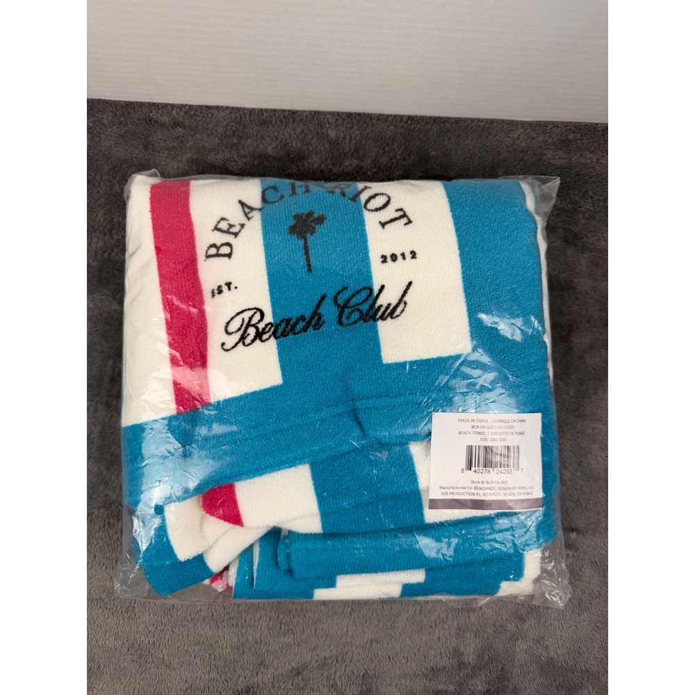 Beach Riot Beach Towel OS Blue Pink Striped Beach Club Logo FabFitFun NEW